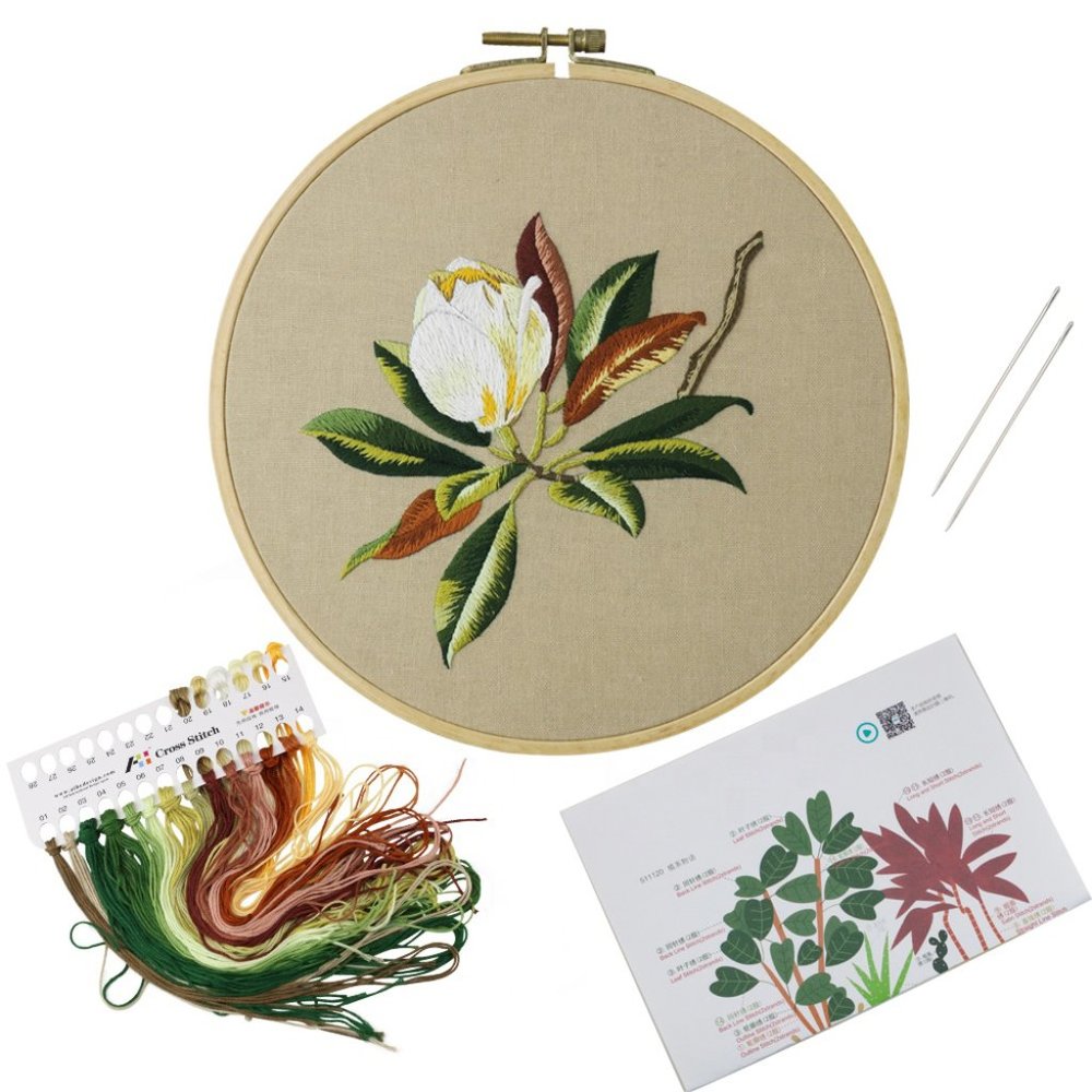 Beginner Embroidery Kit w/Hoop White Flower Needlework Wall Art Decor Craft